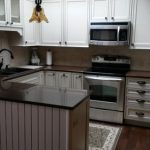 A modern kitchen with dark wood counter