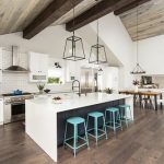 modern kitchen bar with teal stools