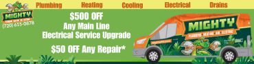 ad banner for Mighty Plumbing, Heating, Air, and Electric