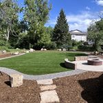 A well-maintained backyard with several distinct features