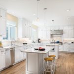 all white kitchen design with cabinets, sinks, bar, stools, etc.