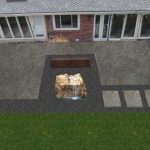 A backyard patio area with a fire pit