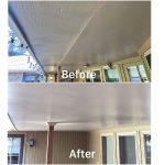 before and after photos of a repaired outdoor ceiling